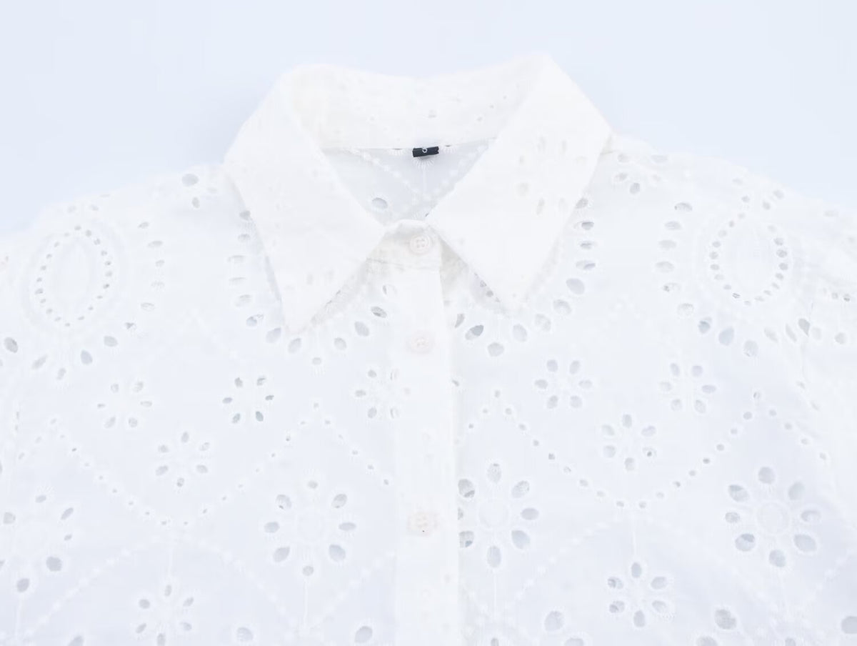 Women's All Matching Collared Hollow Out Cutout Embroidered Shirt