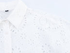 Women's All Matching Collared Hollow Out Cutout Embroidered Shirt