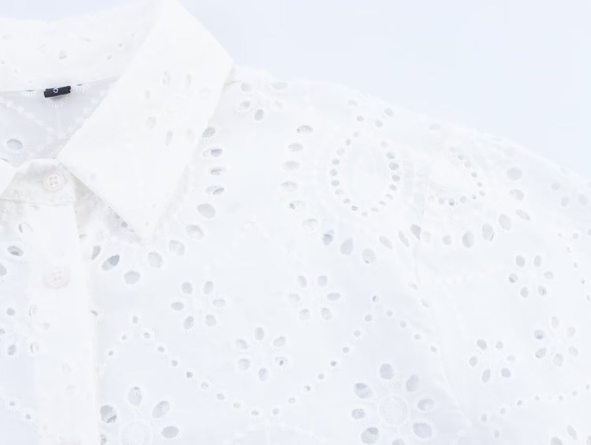 Women's All Matching Collared Hollow Out Cutout Embroidered Shirt