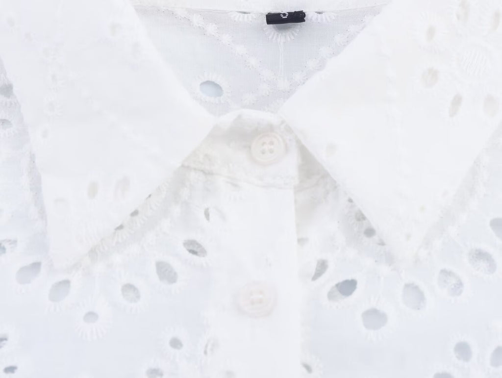 Women's All Matching Collared Hollow Out Cutout Embroidered Shirt