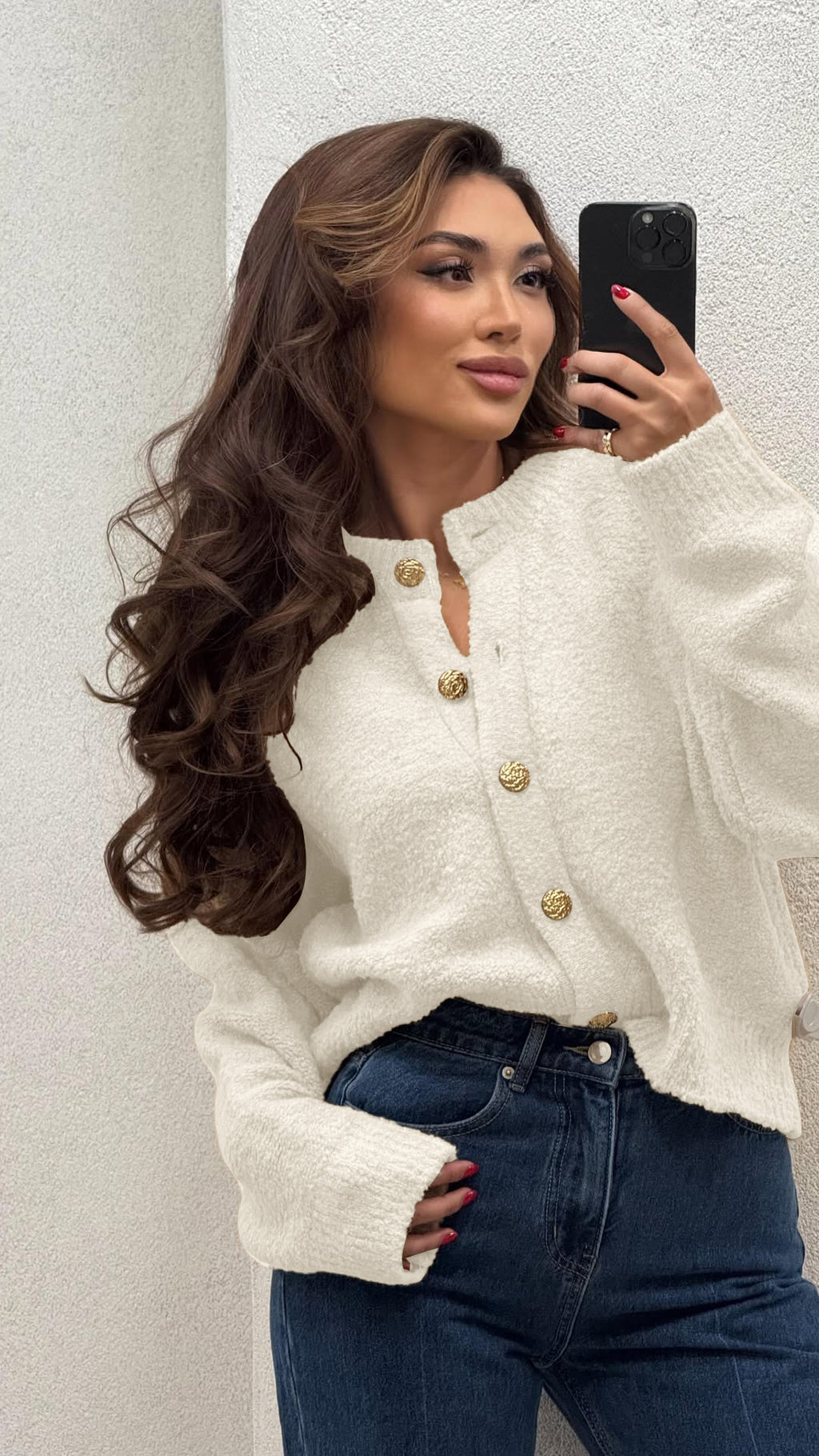 Women's Fall Winter Solid Color Knitwear Round-Neck Button Cardigan