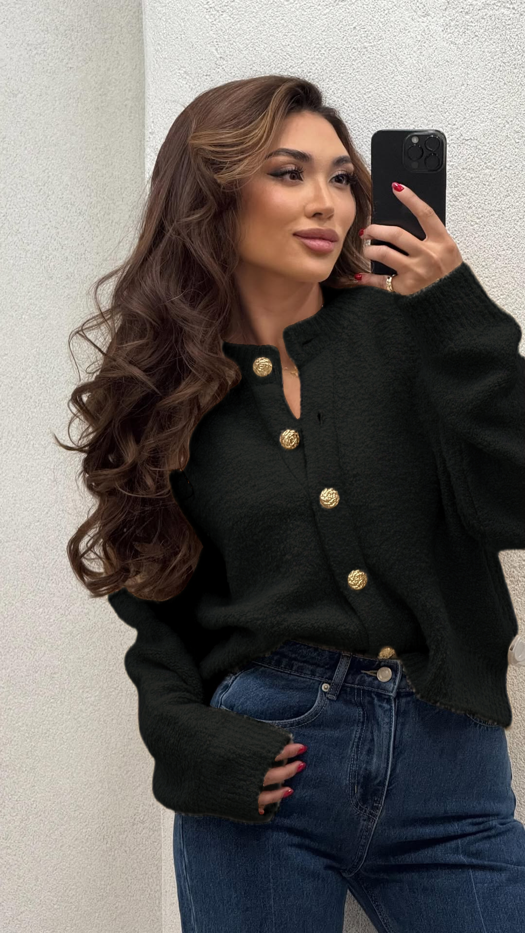 Women's Fall Winter Solid Color Knitwear Round-Neck Button Cardigan