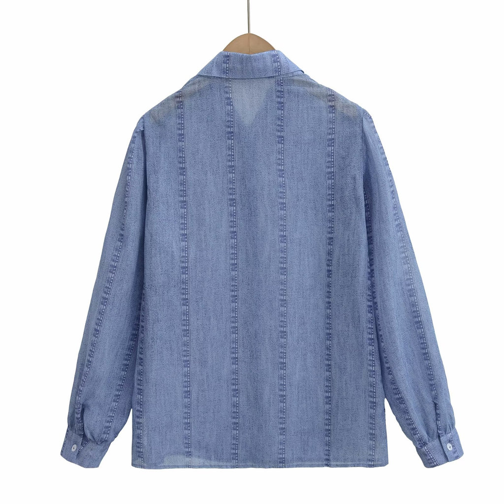 Women's Single Breasted Denim Composite Silk Long Sleeve Shirt