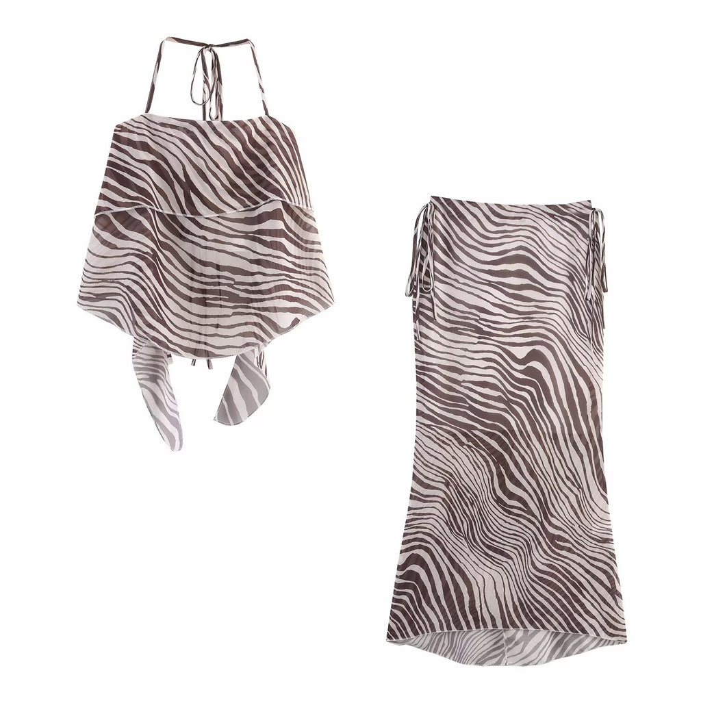 Women's Sleeveless Animal Lace Up Vest and Skirt Two-Piece Set
