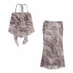 Women's Sleeveless Animal Lace Up Vest and Skirt Two-Piece Set