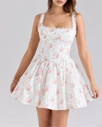Women's Rose Print Bowknot Decoration Pleated Lace Waist Slip Dress