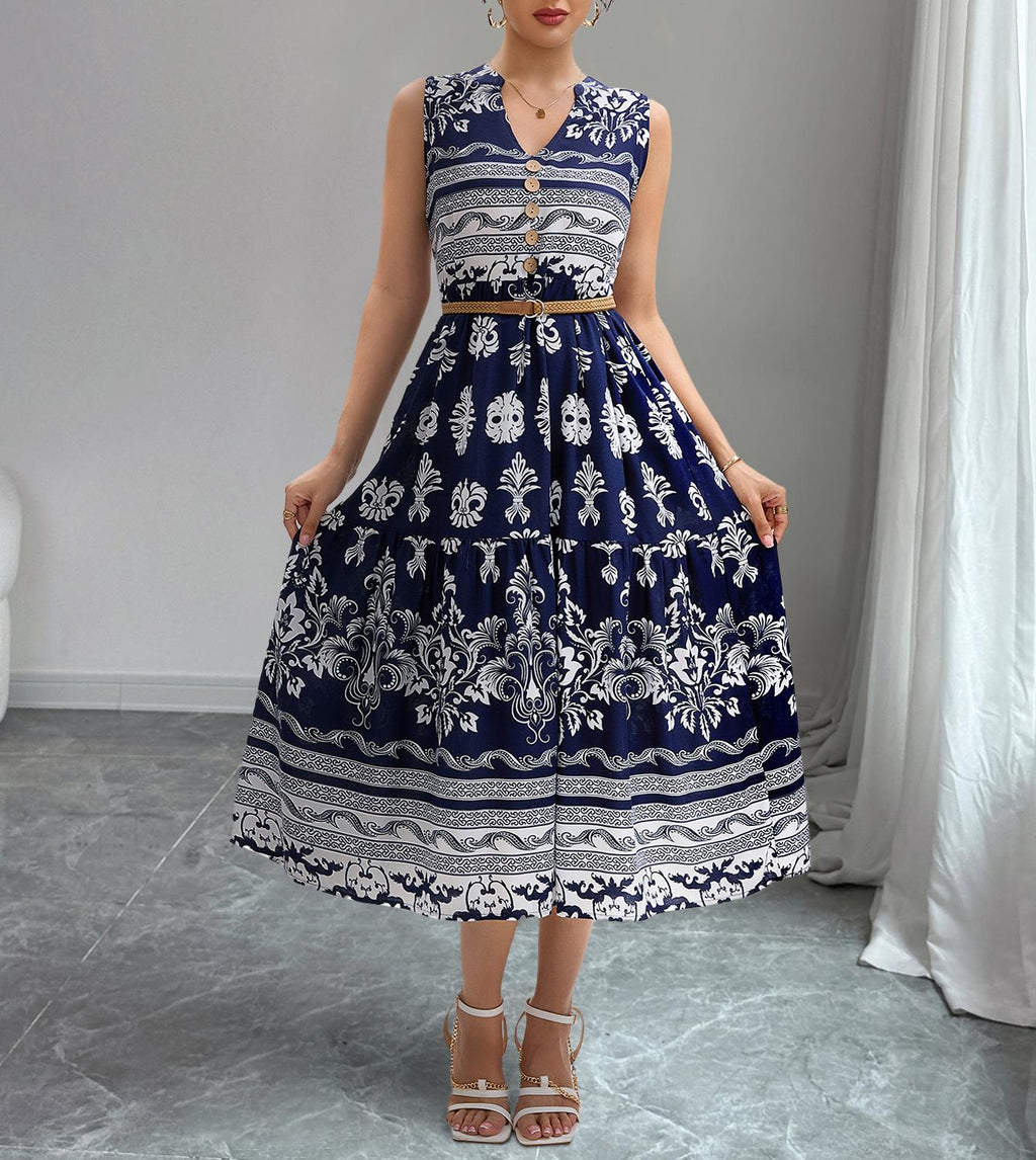 Bohemian Printed V-Neck Midi Dress