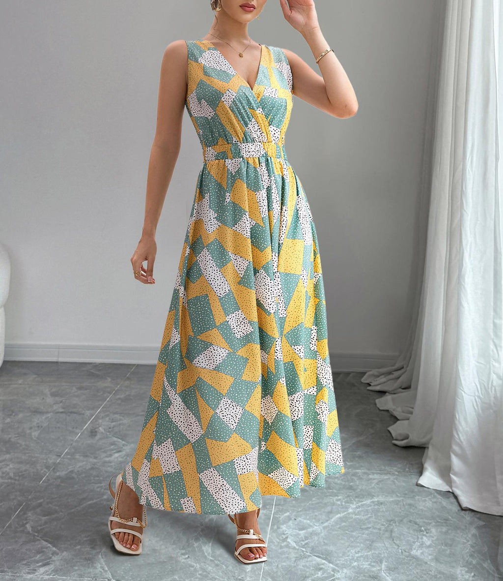 Irregular Geometric Print Sleeveless V-Neck Elegant Waist Dress