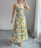 Irregular Geometric Print Sleeveless V-Neck Elegant Waist Dress
