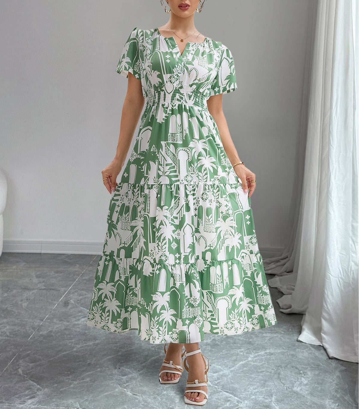 Women's Vacation Style Coconut Tree Print Round V Neck Puffed Sleeve Waist Cinching Slimming Layering Patchwork Dress