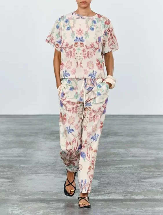 Early Spring Printed Pullover Short-Sleeve Trousers Two-Piece Set