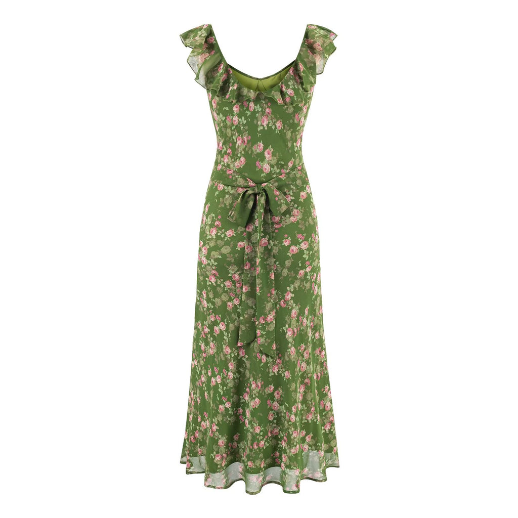 Women's Tea Break Green Shivering Dress Women Summer Vacation V Neck Sexy Cinched Slimming Maxi Dress