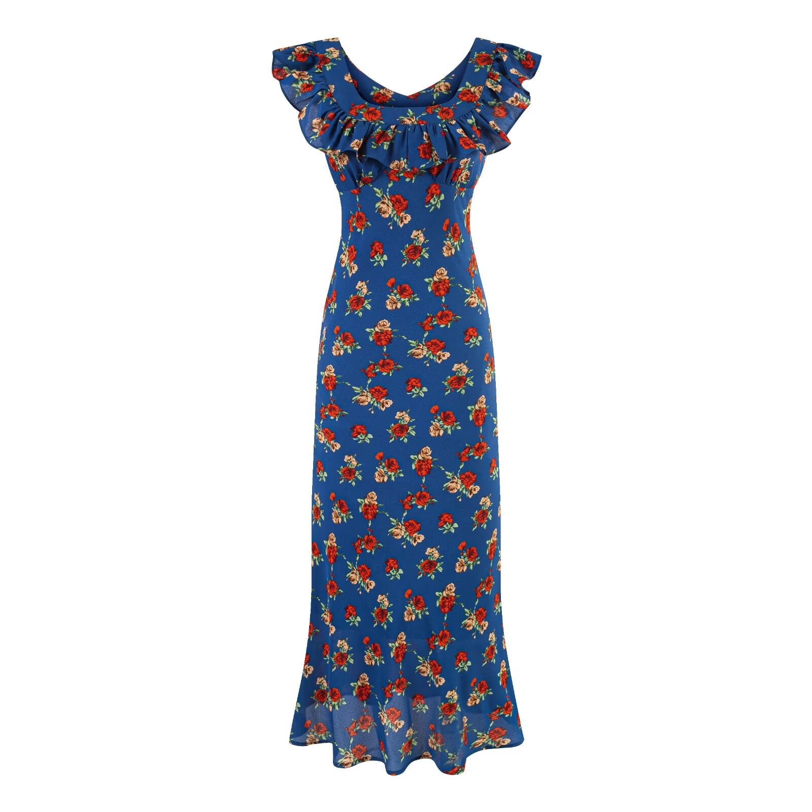 Women's Summer Seaside Vacation Square Collar Ruffles Blue Background Printed Maxi Dress