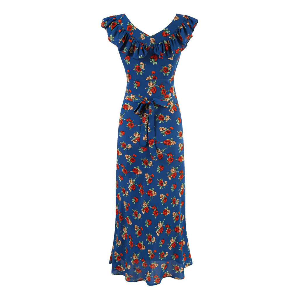 Women's Summer Seaside Vacation Square Collar Ruffles Blue Background Printed Maxi Dress