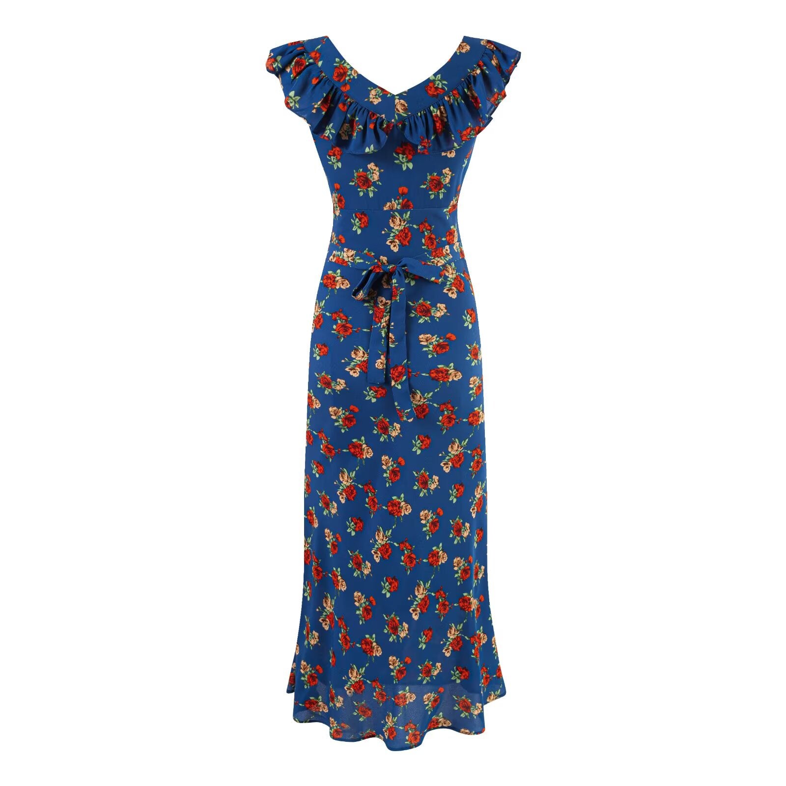 Women's Summer Seaside Vacation Square Collar Ruffles Blue Background Printed Maxi Dress