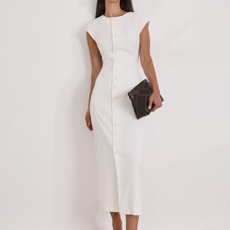 Women's Round Neck Flying Sleeves Dress Women Elegant Waist Single Breasted White Sheath Dress