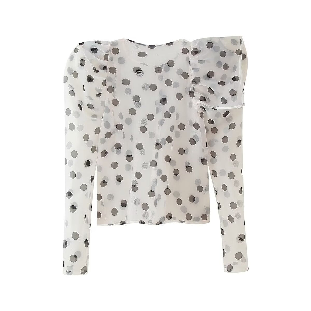 Women's Organza Polka Dot Long Sleeve Tops Shirt