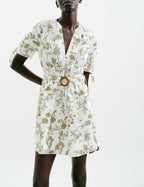 Women's V-Neck Floral Embroidered Belted Short-Sleeve A-Line Mini Dress