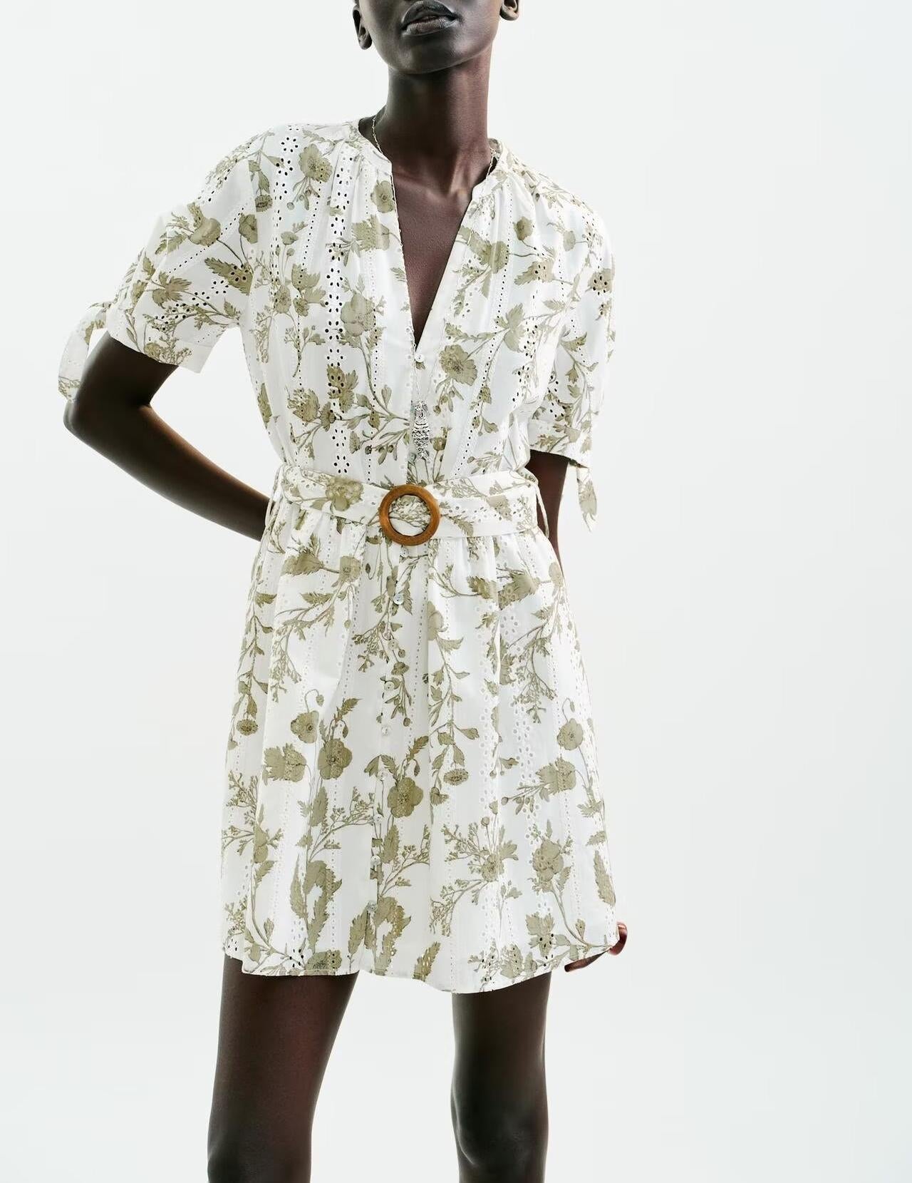 Women's V-Neck Floral Embroidered Belted Short-Sleeve A-Line Mini Dress