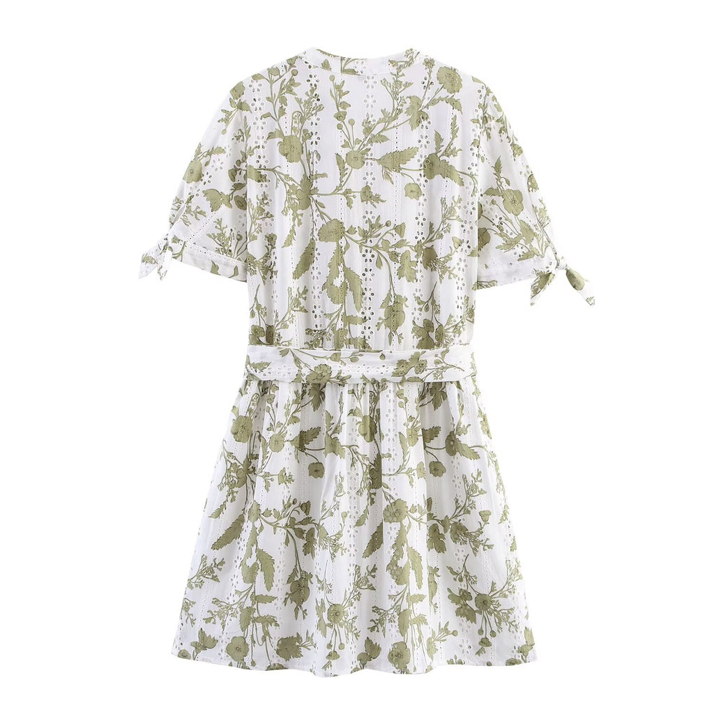 Women's V-Neck Floral Embroidered Belted Short-Sleeve A-Line Mini Dress