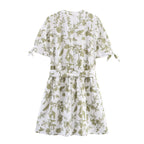Women's V-Neck Floral Embroidered Belted Short-Sleeve A-Line Mini Dress