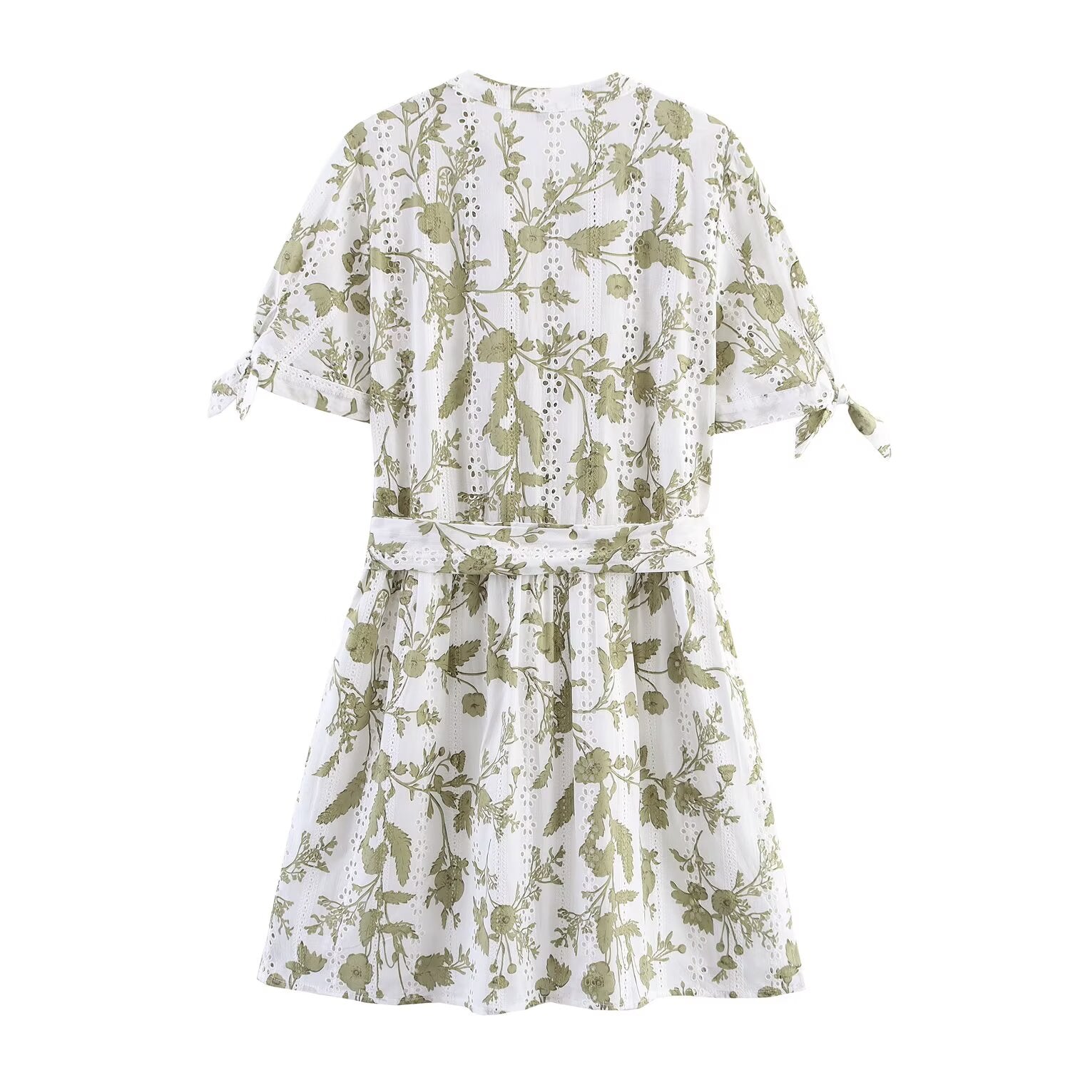 Women's V-Neck Floral Embroidered Belted Short-Sleeve A-Line Mini Dress