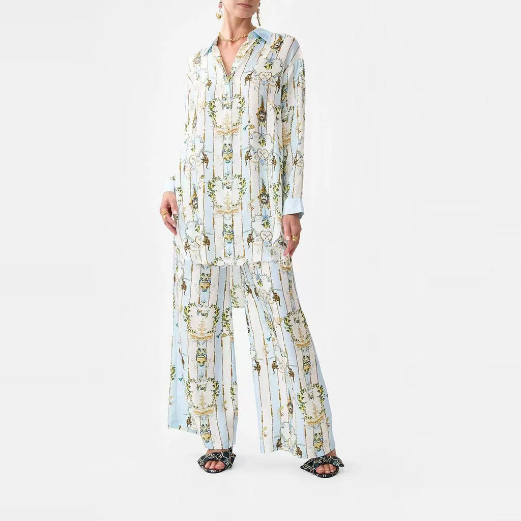 Women's Printed Lapel Shirt And Wide-Leg Pants Two-Piece Set
