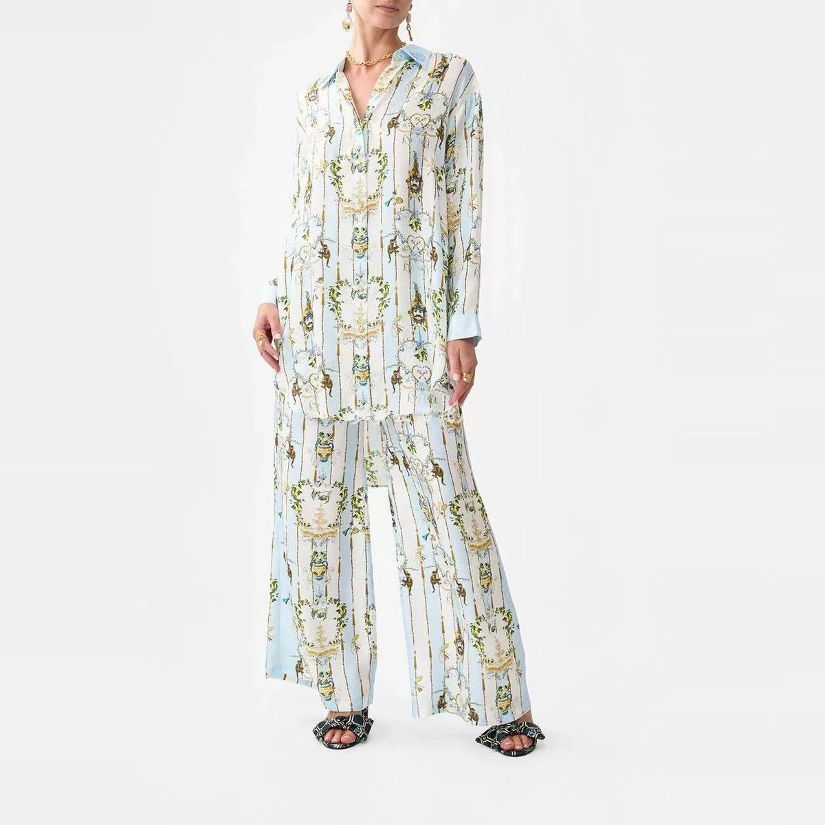 Women's Printed Lapel Shirt And Wide-Leg Pants Two-Piece Set