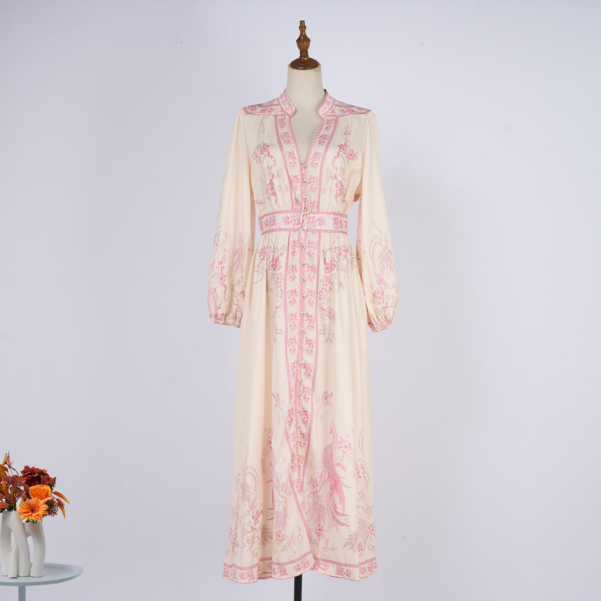 Women's Stand Up Collar Printed Single Button A Line Long Dress