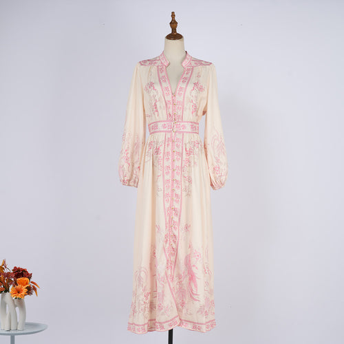Women Stand Up Collar Printed Single Button A Line Long Sleeved Dress