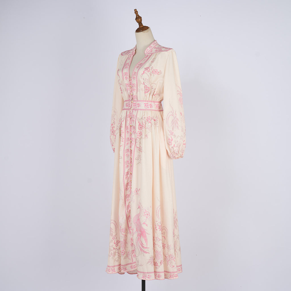 Women's Stand Up Collar Printed Single Button A Line Long Dress