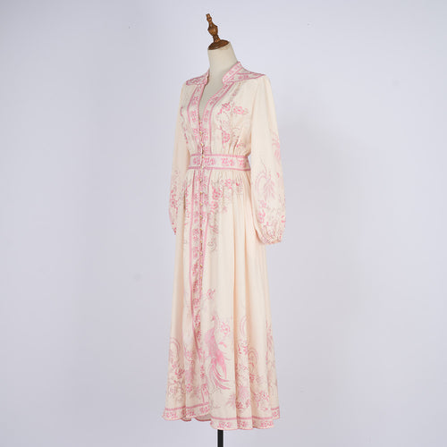 Women Stand Up Collar Printed Single Button A Line Long Sleeved Dress