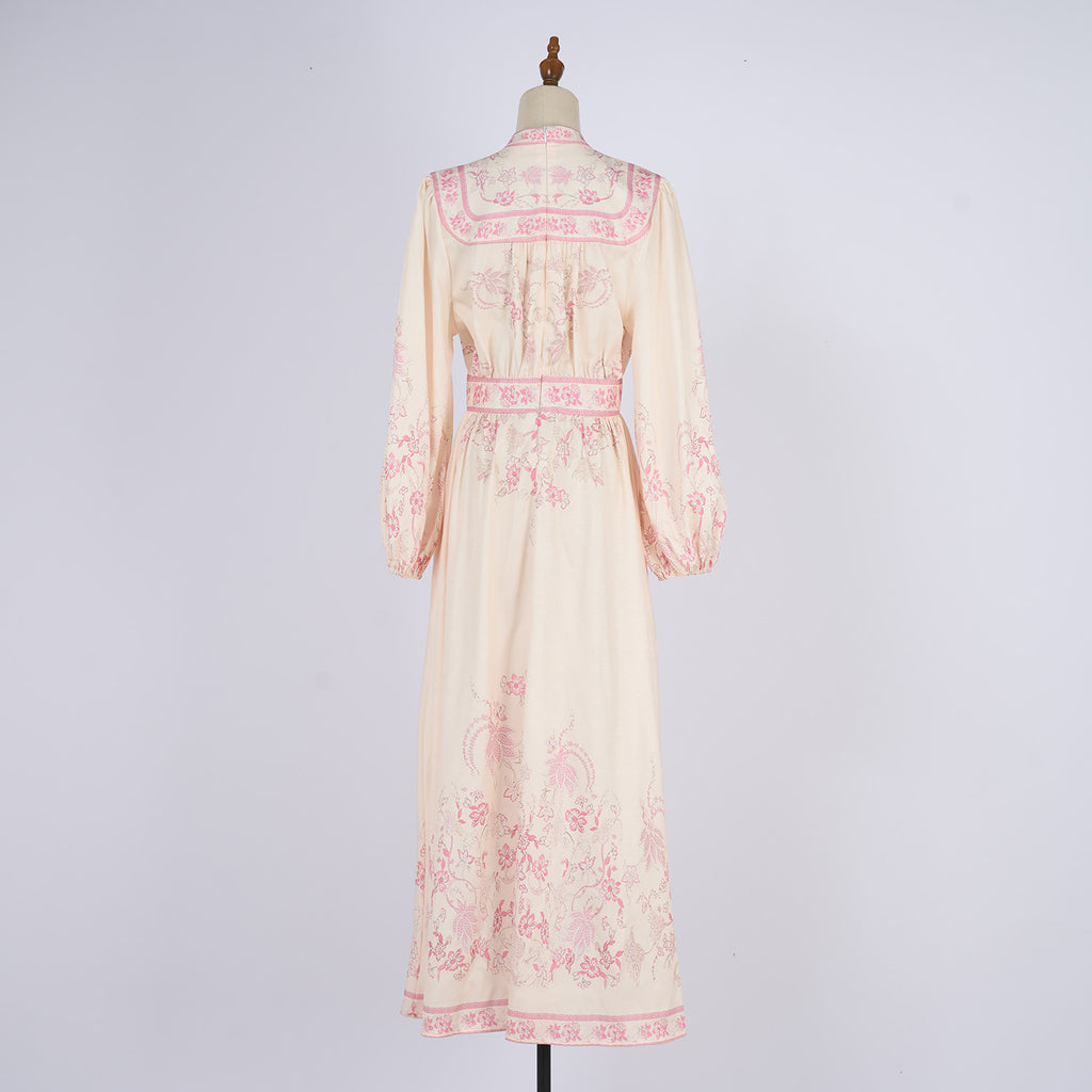 Women's Stand Up Collar Printed Single Button A Line Long Dress