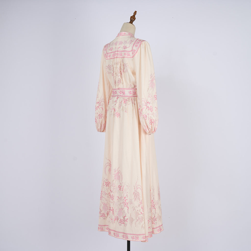 Women's Stand Up Collar Printed Single Button A Line Long Dress