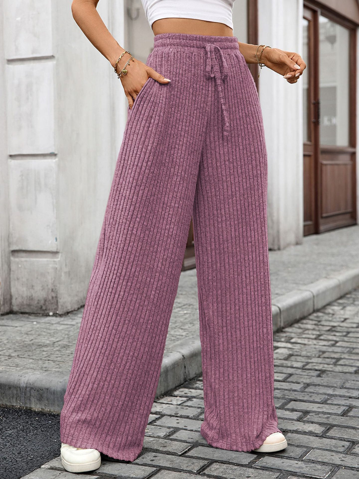 Solid Color Drawstring Sunken Stripe Brushed Pants
