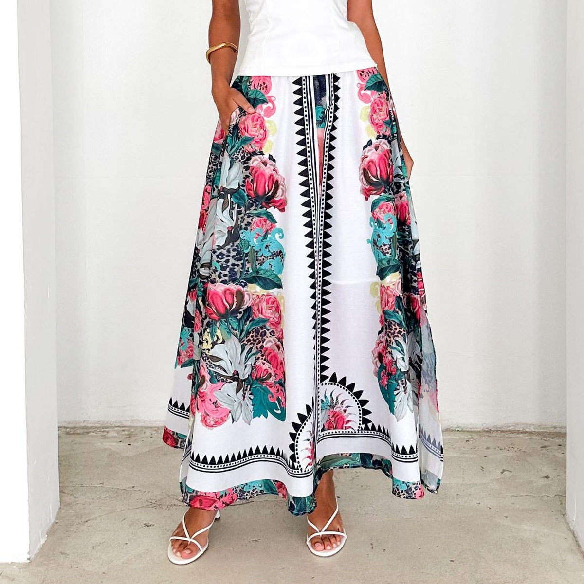Summer High Waist Elastic Loose Printed Long Skirt