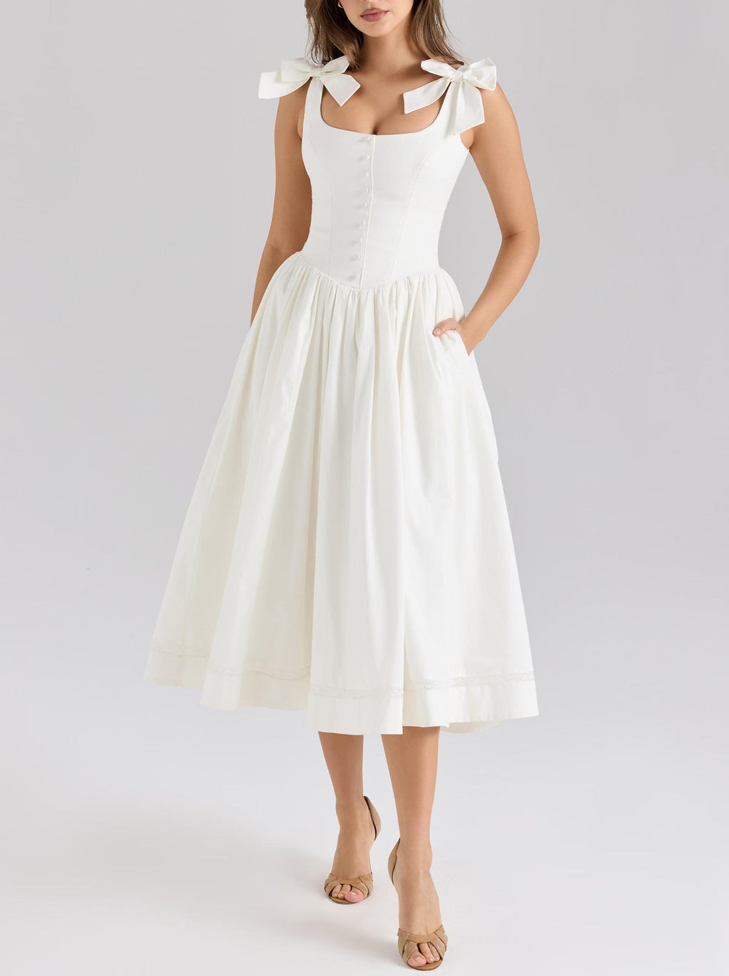 Women's Bowknot Decoration U Collar Waist Trimming Spaghetti St