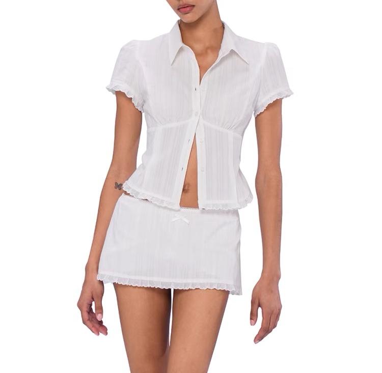 Women's Preppy Pure Cinched Bodycon Shirt with Leggings Skirt White Two Piece Two-Piec