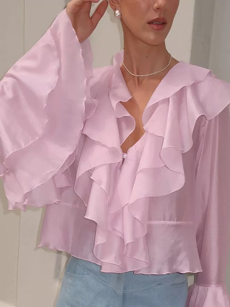 Women's Elegant Layered V Neck Tencel Cotton Multi Layer Ruffle Top