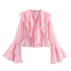 Women's Elegant Layered V Neck Tencel Cotton Multi Layer Ruffle Top