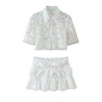 Women's Clothing Western Lace Short Sleeve Shirt Bow Two Piece Overskirt Set
