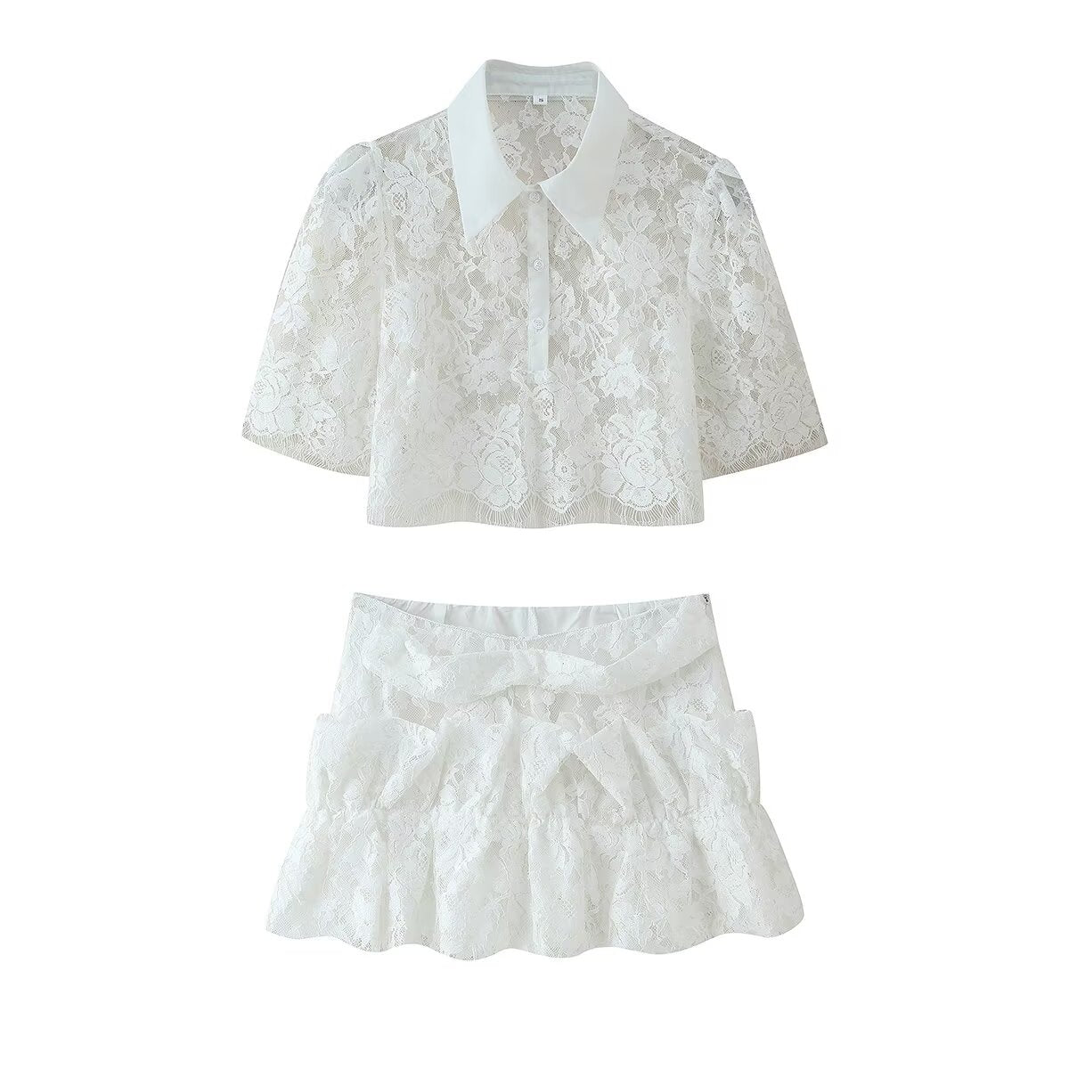 Women's Clothing Western Lace Short Sleeve Shirt Bow Two Piece Overskirt Set