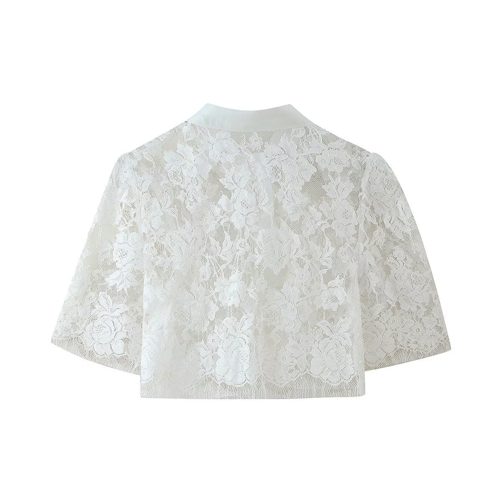Women's Clothing Western Lace Short Sleeve Shirt Bow Two Piece Overskirt Set