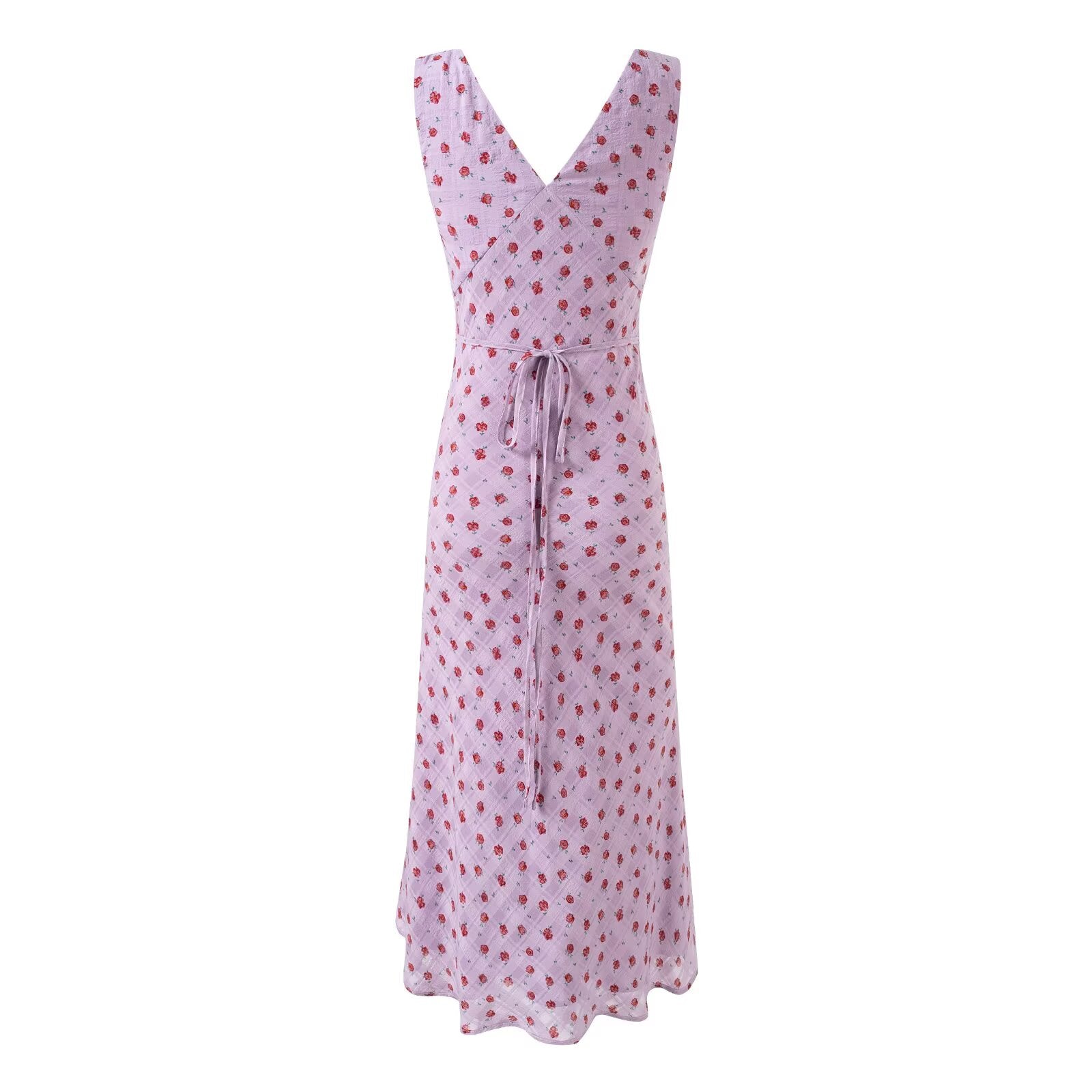 Women's V-Neck Floral Lace Ruched Tie Sleeveless Bodycon Midi Dress