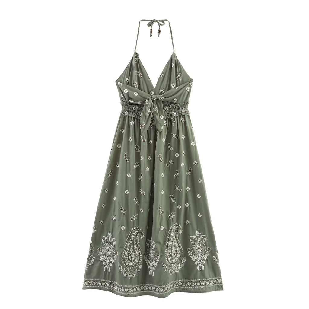 Women's Embroidered Halter Backless Dress