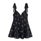 Women's Elegant Tied V Neck Floral Embroidery Short Dress