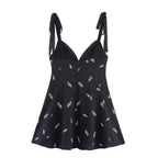 Women's Elegant Tied V Neck Floral Embroidery Short Dress