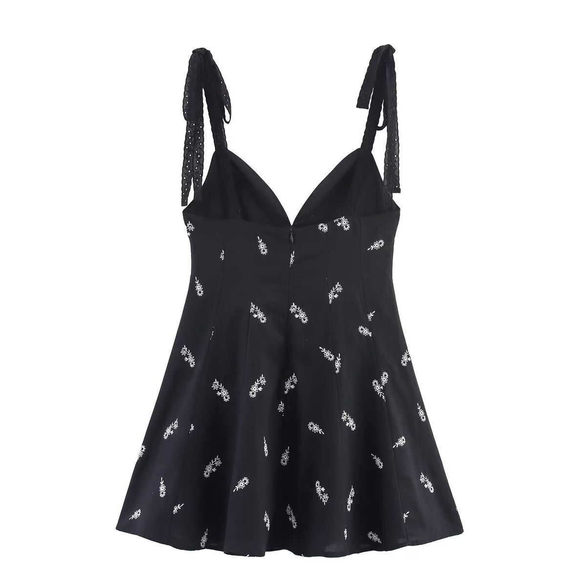 Women's Elegant Tied V Neck Floral Embroidery Short Dress