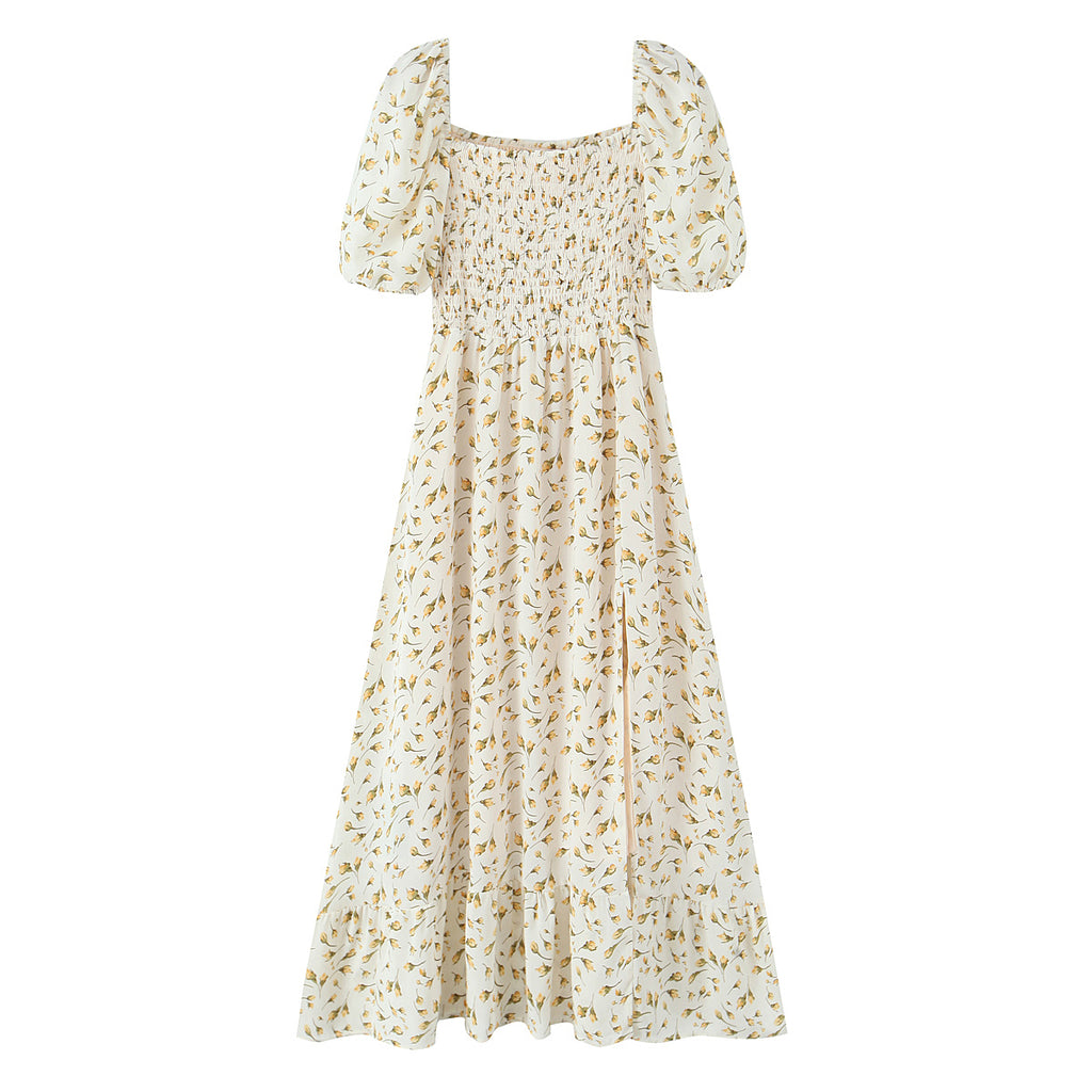 Wind Palace Small Floral-Print Square-Neck Puff Sleeve Split Dress