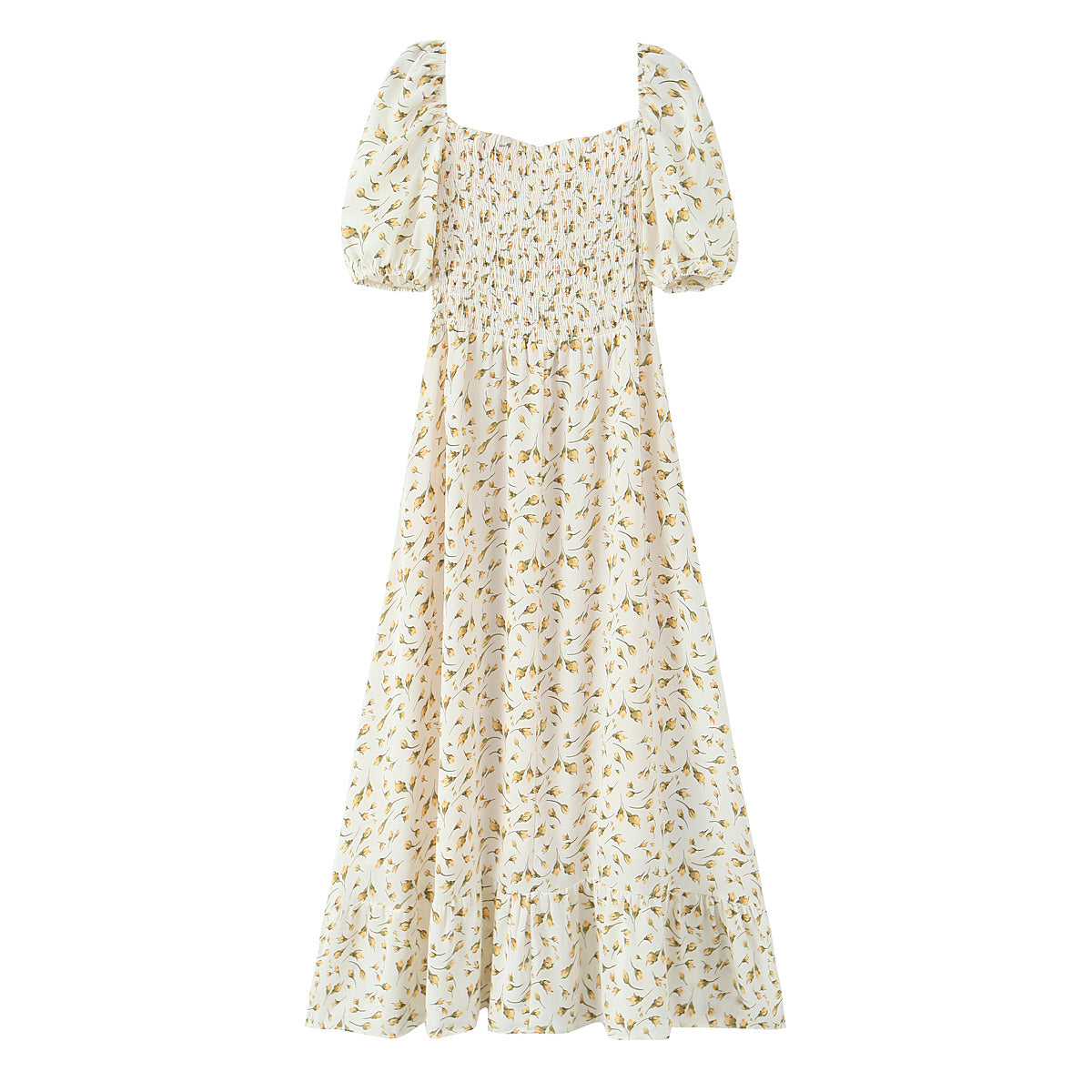 Wind Palace Small Floral-Print Square-Neck Puff Sleeve Split Dress